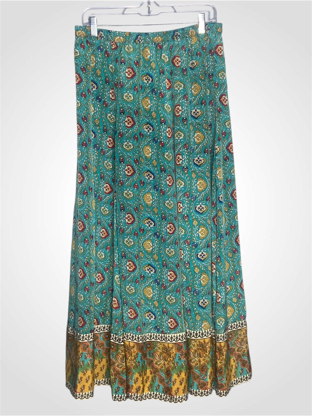 Soft Surroundings Teal Mediterranean Print Maxi Skirt with Mustard Border M